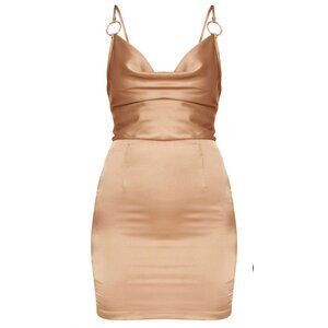 PLT Champagne Satin Cowl Neck Ring Detail Bodycon Dress